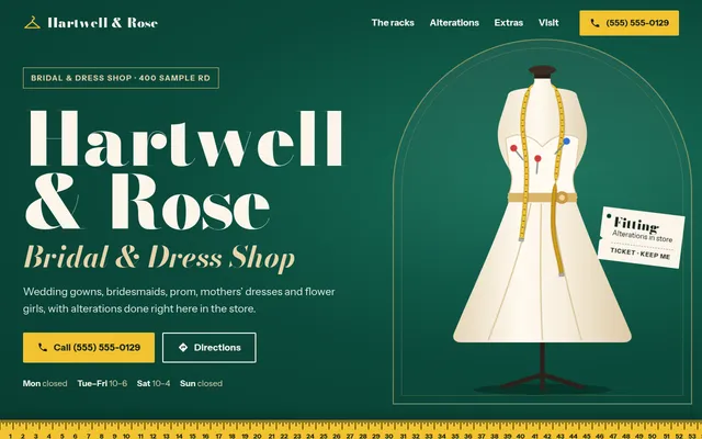 Top of the concept site for Hartwell & Rose Bridal & Dress Shop