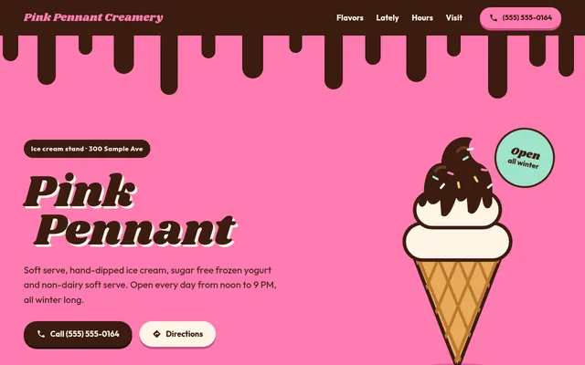 Top of the concept site for Pink Pennant Creamery