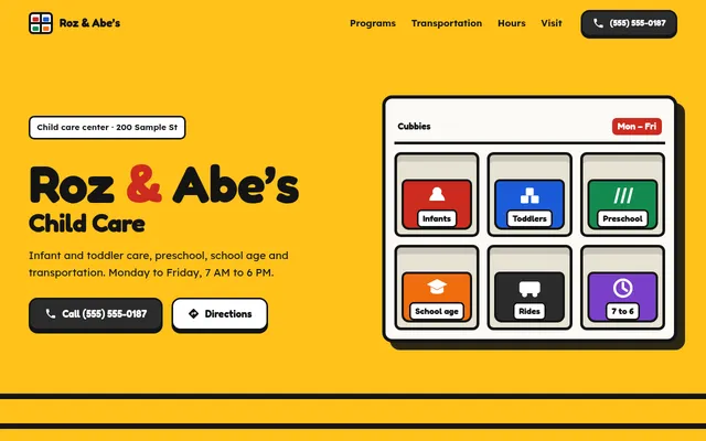 Top of the concept site for Roz & Abe’s Child Care